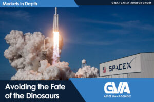 SpaceX rocket lifting off from a pad with billowing smoke, overlaid by Markets In Depth and GVA branding banner.
