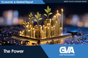 Cover image for Economic & Market Report by Great Valley Advisor Group; shows a glowing, futuristic circuit board with small plants growing from gold-lit vertical pins, symbolizing growth in tech and finance (GVA Asset Management).