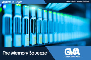Banner image of blue-lit server racks for a Markets In Depth article titled 'The Memory Squeeze' by Great Valley Advisor Group (GVA Asset Management).