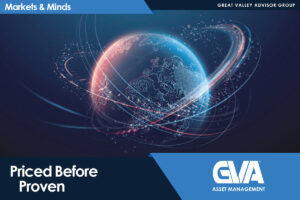 Global globe with orbiting light trails over dark blue background, used as a Markets & Minds banner for GVA Asset Management. Tagline: Priced Before Proven.